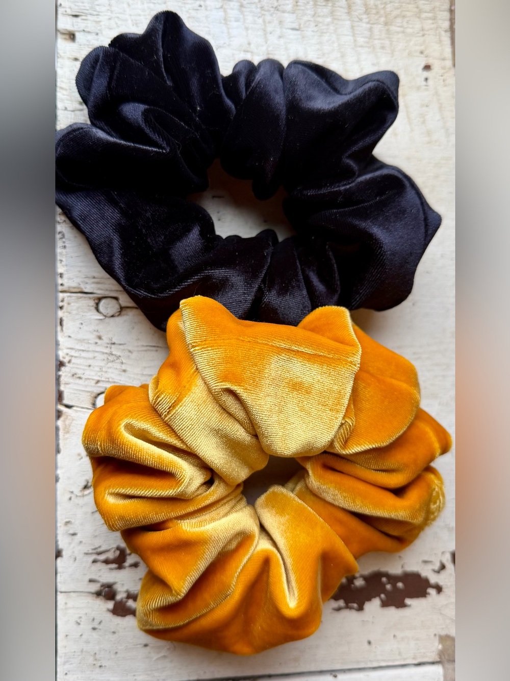 2 large velvet scrunchies in orange and black